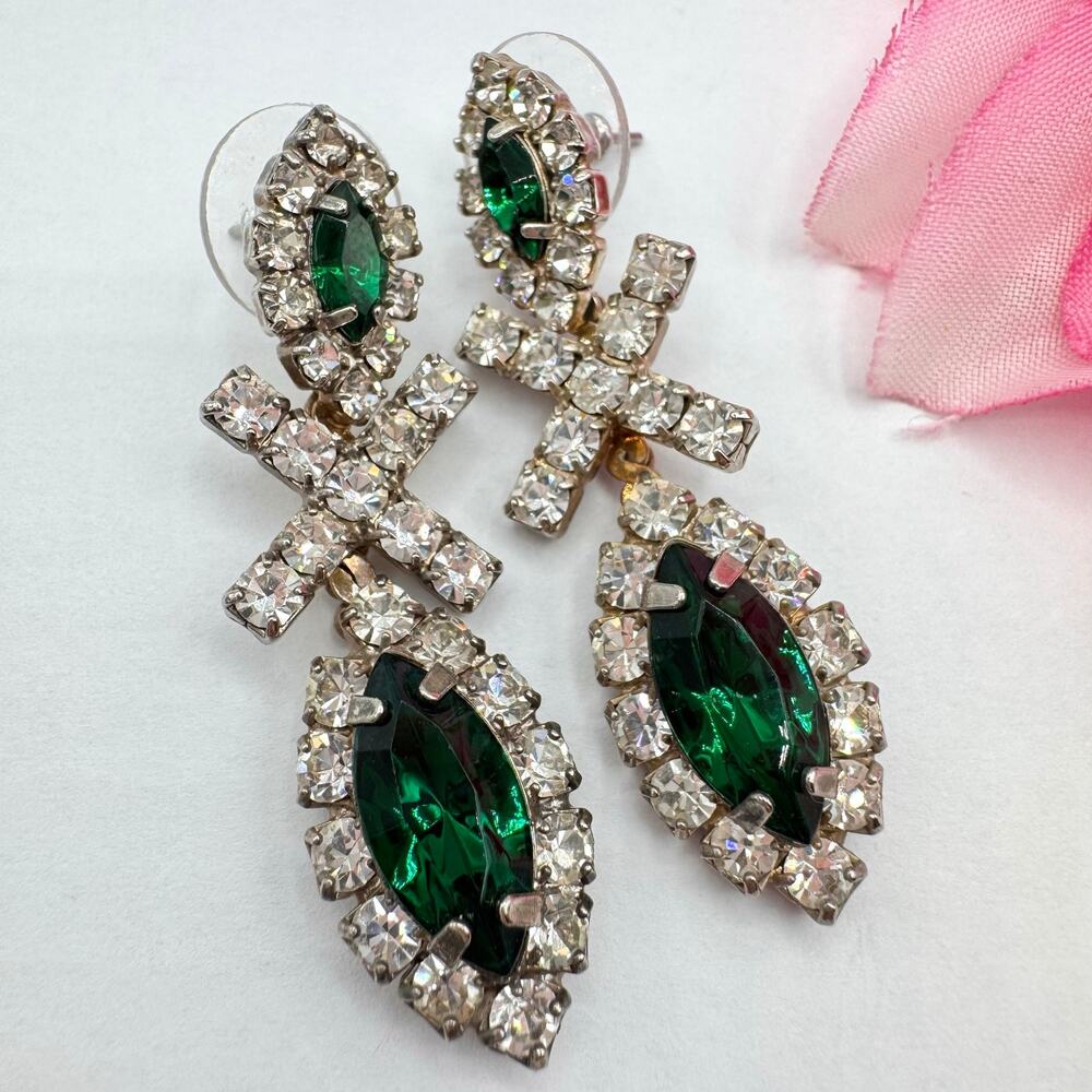 Vintage Green Navette Rhinestone Earrings Old Hollywood Regency Glam Holiday